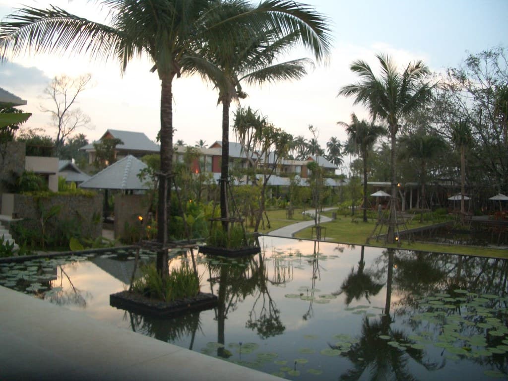 Residences at The Sarojin seen across the lily ponds at dusk